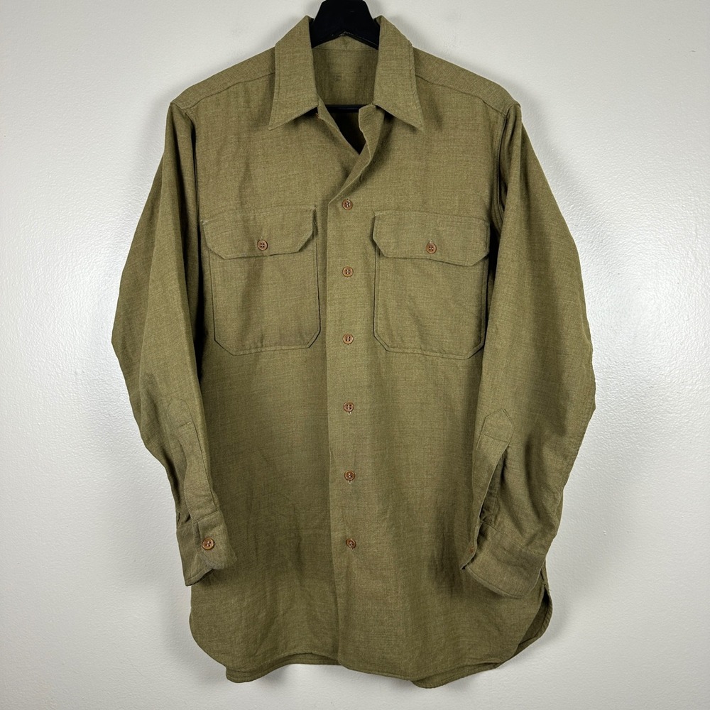 Vintage WWII Military Men's M Shirt Olive Green Wool Blend Button Up Field Shirt